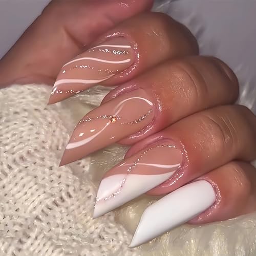 24Pcs French Tip Press on Nails Long Lipstick Shaped Fake Nails White Gold Glitter Lines with Rhinestones Full Cover Glue on Nails White Pink False Nails for Women Girls Acrylic Nails Salon Decor