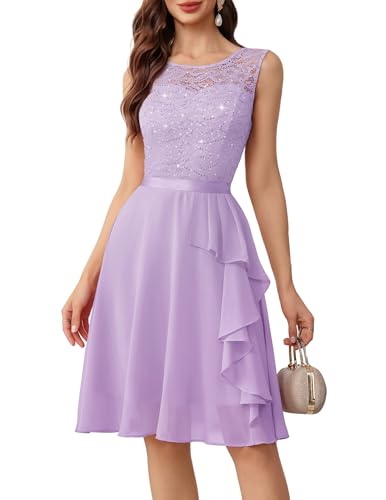 Image of BeryLove Womens Boat Neck A Line Sleeveless Lace Formal Homecoming Dress | Short Dress With Ruffle Hem, Sparkly Design Ideal For Wedding Guest,Bridesmaid Cocktail Prom & Evening Party Events
