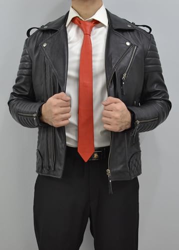 Image of Mens Lamb Leather Necktie - Skinny Solid Casual Business Wear Narrow Leather Slim Tie- Neckties for Party Wedding Gift