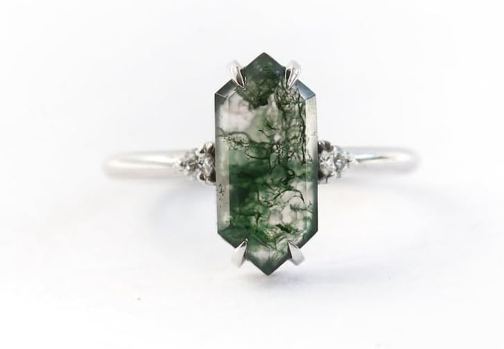 Retro Long hexagon Moss Agate Ring Vintage Sterling Silver Ring Unique Agate Engagement Ring Promise Ring Anniversary Ring Gift For Her