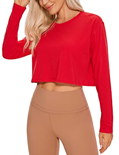 Crz Yoga Pima Cotton Long Sleeve Shirts For Women Workout Crop Tops Loose Cropped T-Shirts Athletic Gym Shirts Festival Red Small #TOP16