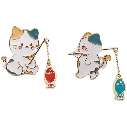 2 Pcs Cute Cat Lapel Pins for Backpacks Enamel Animal Pet Cat Fishing Brooch Pin Cartoon Lapel Badge Brooch Pin for Jackets Hat Bag