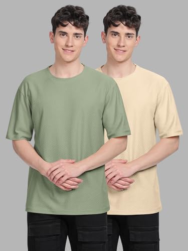 Image of BULLMER Trendy Textured Half Sleeve Oversized Hexagon Waffle Crew Neck Tshirt for Men-Pack of 2
