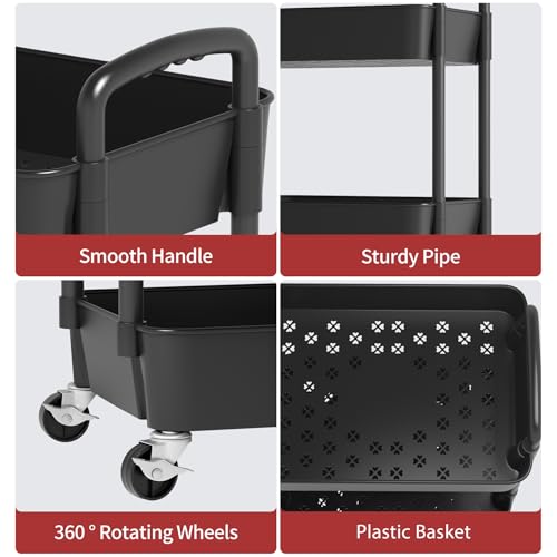 Image of Sywhitta 4-Tier Plastic Rolling Utility Cart with Wheels for Storage, Black | Multi-Functional Storage Trolley, for Office, Living Room, Kitchen, Bathroom,Movable Organizer,Space-Saving,Easy to assemble