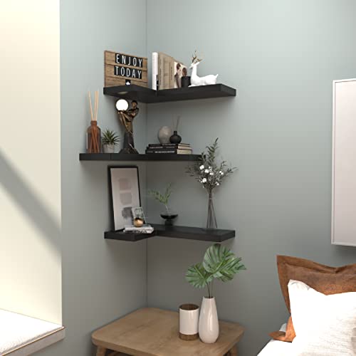 Nature's Source Corner Floating Shelves With Invisible Brackets, Corner Shelves Wall Mounted Set Of 3, Wall Shelves For Bedroom Bathroom Kitchen Living Room Office- Gothic Style 17" X 6" (Black) #TOP1