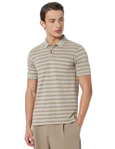 Image of Peter England Men's Cotton-Polyester Blend Striped Polo T-Shirt | Casual Wear | Durable & Trendy
