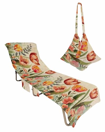 Beach Pool Patio Lounge Chaise Chair Cover Towel with Pockets,Red Orange Tulip Absorbent & Quick Dry Microfiber Towel Cover Bag Travel Accessories Eucalyptus Leaves Watercolor Rustic Chic Botanical