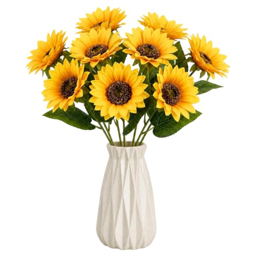 WaaRiuQ 10 Artificial Sunflowers Realistic Fake Sunflowers for Home Decor Arrangements and Wedding Centrepieces 33cm Sunflower Stems Suitable for Office Desk Displays and DIY Craft Projects