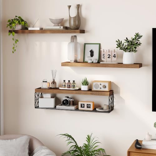 RALGEND Floating Shelves for Wall, 31.5" Wall Mounted Shelves Set of 3, 1.5" Thick Hanging Shelf Storage, Farmhouse Decor for Bathroom, Toilet, Bedroom, Living Room, Kitchen, Rustic Brown 8001BJBF - Image 6