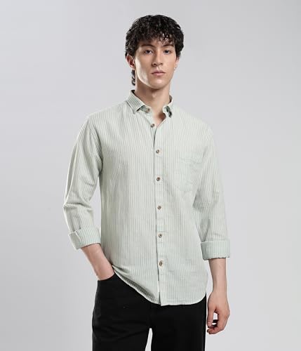 Image of TURMS Men's Casual Striped Linen Shirt | Water Repellent | Anti Stain Anti Odor | Kansas Linen | Concealed Button Down Collar | Full Sleeves