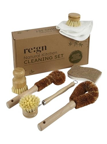 Re:gn 7-Piece Natural Kitchen Cleaning Set – Bamboo & Plant-Based Brushes, Eco-Friendly Coconut Fibre, Sisal & Cellulose Tools, Plastic-Free Dishwashing & Bottle Cleaning Kit