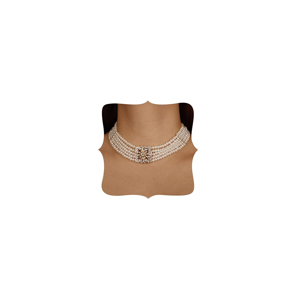 Missgrace Dainty 5 Tier Layered Faux Pearl Rhinestones 1920s Short Choker Necklace for Women Chunky Bridesmaid Necklaces for Women