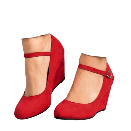 Image of Coutgo Womens Wedge Pumps Dressy Mary Jane Shoes Comfort Wedges Closed Toe Ankle Strap Heeled Shoes