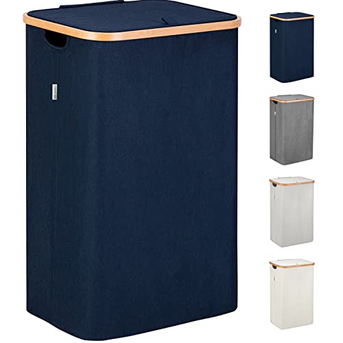 Lonbet - Panier a Linge Sale Bleu - XL 100 Litres - Grands Paniers à Linge avec Couvercle et Anses - Corbeille a Linge pour Chambre - Bac a Linge Sale de Salle de Bain en Bambou