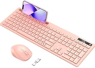 Pink Keyboard and Mouse Wireless, Vivefox Pink Wireless Keyboard with Phone Holder USB A & Type C Receiver Rose Gold Keyboard and Mouse Compatible for Windows, Mac, MacBook / Air / Pro Computer