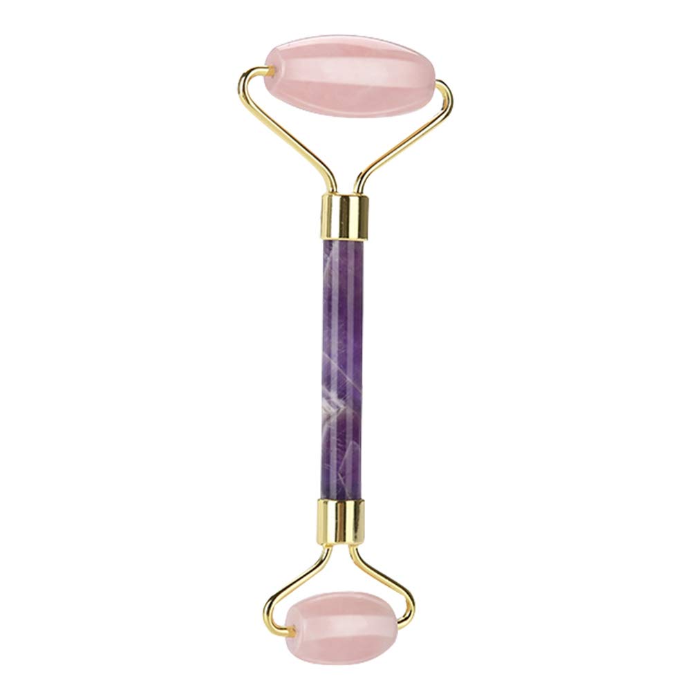 Pongnas Jade Roller Massage Premium Dwustronny Masażer do Twarzy do Usuwania Zmarszczek i Odmładzania Skóry Biały Ametyst (Końcówka z kwarcu różowego + pręt ametystowy)