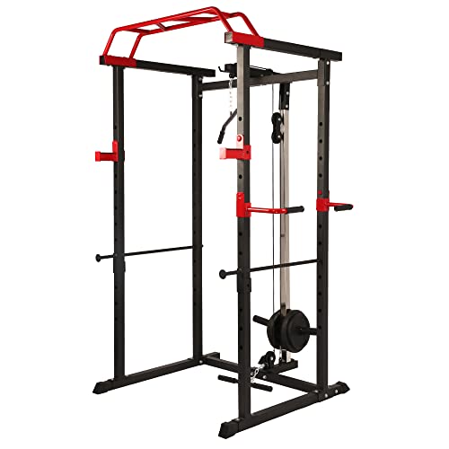 Vilobos Squat Rack Power Cage with LAT Pull Down System, Adjustable Height Home Gym Equipment with Cable Bar and Pull Up Bar, Includes Hooks, Dip Bars and Safety Bars
