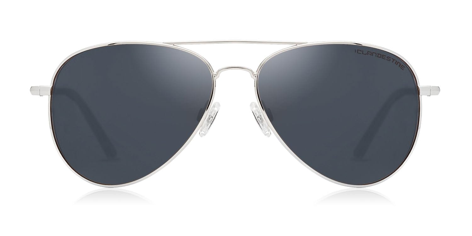 CLANDESTINE - Gafas de Sol Unisex - Colección Pilot - Modelo A10 - Montura de Acero Inoxidable Color Plata - Lentes Polarizado Antirreflejante de Color Plata - Protección UV 400-144x51mm