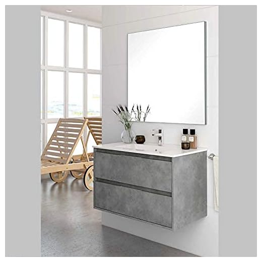 Aquareforma | Mueble de Baño con Lavabo y Espejo | Mueble Baño Modelo Bolton 2 Cajones Suspendido | Muebles de Baño | Diferentes Acabados Color | Varias Medidas (Cemento, 80 cm)