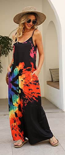 Image of Supnier Women's Summer Maxi Dress Casual V-Neck Sleeveless Bohemian Spaghetti Strap Floral Long Maxi Dress with Pockets