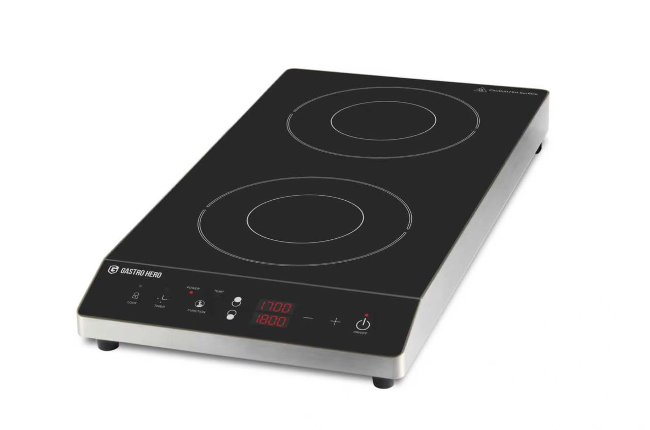 GastroHero Doppel Induktionskochfeld ECO vertikal 3500 W Induktionsplatte 2 Kochzonen Touch Kochfeld Edelstahl Glas Induktionsherd Timer 60–240 °C Gastro