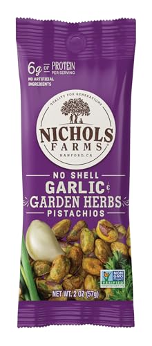 Image of Nichols Farms Pistachios - Fresh Roasted No Shell Pistachios, Nutrient Rich Nuts Snack Packs, Non-GMO, California Grown, Healthy, Wonderful Tasting, Single Serve Multi-Pack - Garlic & Garden Herbs