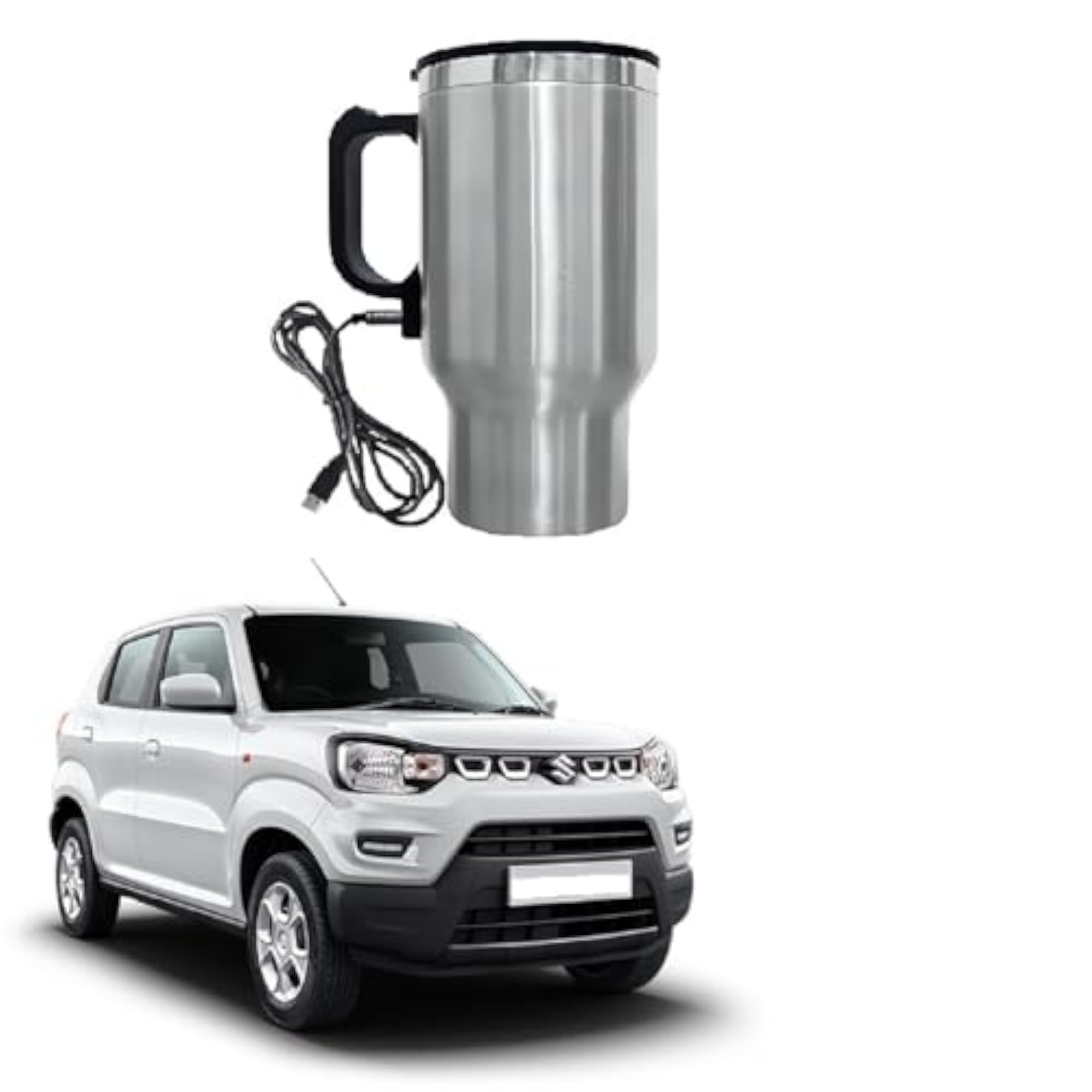 Stainless Steel USB-Powered Car Travel Mug Kettle, Silver