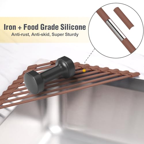 Tomorotec Compact Silicone-Coated Triangle Dish Drying Rack for Sink Corner - Foldable Stainless Steel Over-The-Sink Organizer and Storage Shelf (Coffee) by Tomorotec - Image 3