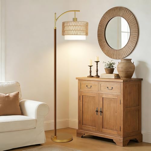Image of ZECOXOL Boho Floor Lamps for Living Room Rattan Floor lamp with Remote Control & 3 Color Temperatures,Vintage Wood Mid Century Modern Standing Lamp Dimmable Tall Floor Lamp for Bedroom Corner