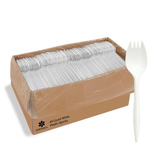 [60 Pack] Disposable Plastic Sporks-Party Dimensions Bulk White Disposable Silverware Plastic Cutlery Spork (60 Sporks-White)