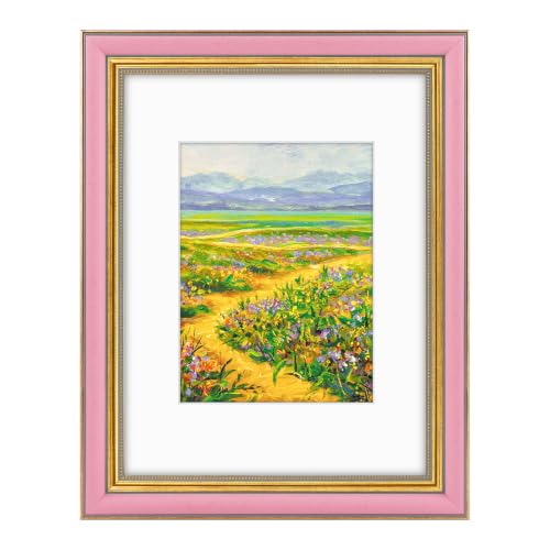 Image of Golden State Art,9x12 Ornate Picture Frame Holds 6x8 Photo,Pink Gold | Includes real glass front,white mat,build-in hangers and buttons.Displays 6x8 photo on wall