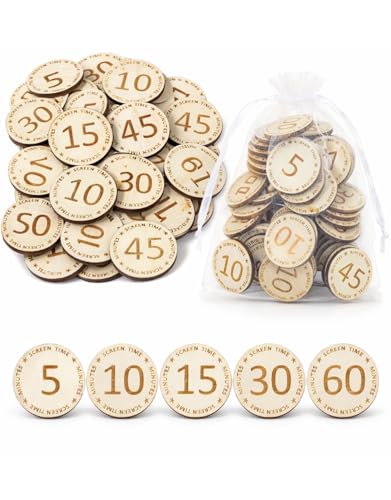 150 Pcs Wooden Screen Time Tokens with Organza Bags, Behavior