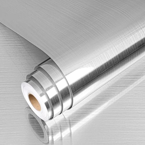 YENHOME Papier Adhésif pour Meuble Métal 40x300cm Vinyle Adhésif Argenté Miroir brossé Aspect Métallique Revêtement Plan de Travail Rouleau Autocollant...