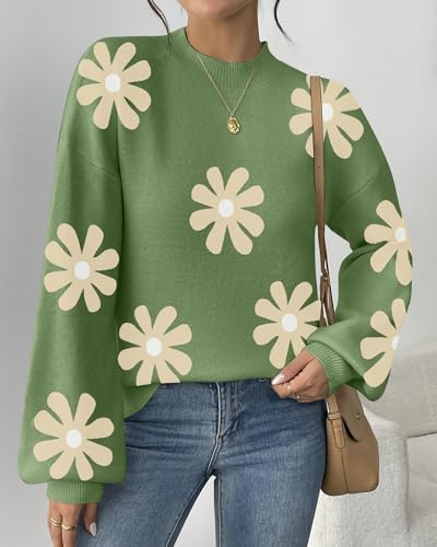 Zeagoo Sweaters For Women 2024 Fashion Trendy Long Sleeve Turtleneck Pullover Lantern Knit Sweater Tops Green-Flower thumb #2