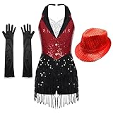Freebily Women's Modern Dance Costumes Shiny Sequins Sleeveless Latin Jazz Tango Salsa Dance Leotard Bodysuit RedSet Medium