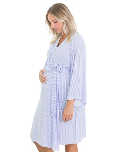 RuffleButts Periwinkle & White Micro Stripe Women's Maternity Robe - One Size