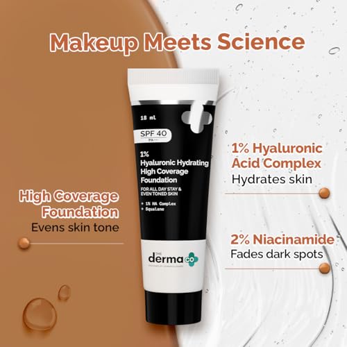 Image of The Derma Co . 1% Hyaluronic Hydrating High Coverage Luminous Foundation Cream With Spf 40 Pa+++ For 12 Hour Long Stay 12 Hour Oil Control For All Skin Types & Even Skin 18Ml(01 Ivory, 18Ml), 1 Count