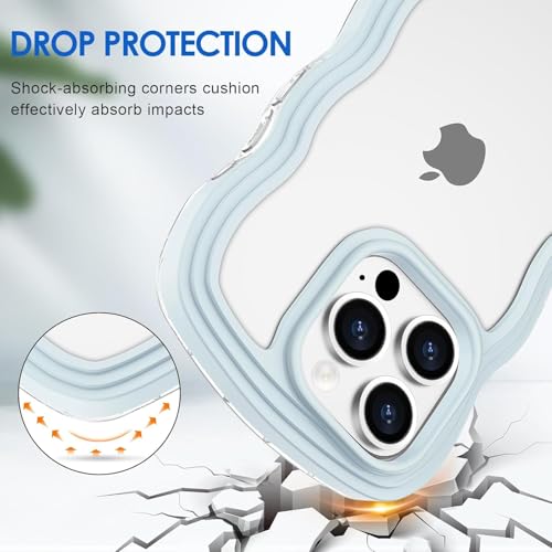 Image of GoldKart iPhone 16 Pro Case Wavy Edge Clear Back Design, Anti-Slip Grip Cute Wave Curly Frame Shape Shockproof Soft TPU & Hard PC Bumper Protective Phone Case Cover for Women Girls - Light Blue