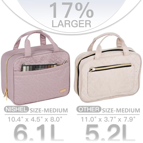 Image of NISHEL Travel Toiletry Bag for women, Portable Hanging Organizer for Travel-Sized Shampoo, Conditioner, Brushes Set, Makeup Accessories, Medium Size, Peach Pink