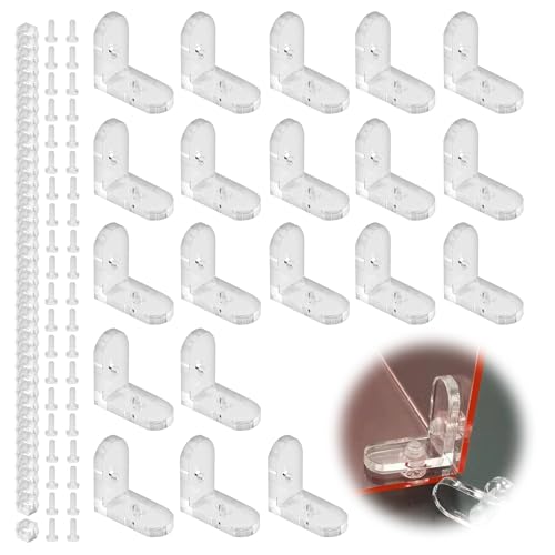 Lot de 20 L-équerre de Fixation, 90 Degrés, Support d'angle, pour Meubles et Boîtes en Bois, Angle Droit, Acrylique, Transparent, Vis et Écrous Inclus