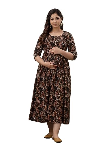 Image of The Moon Star Women's Cotton Floral Printed Anarkali Maternity Feeding Kurti | Breastfeeding Dress for Mothers | Zipper Feeding Kurti, Nursing Kurti, Comfortable and Trendy Maternity Wear
