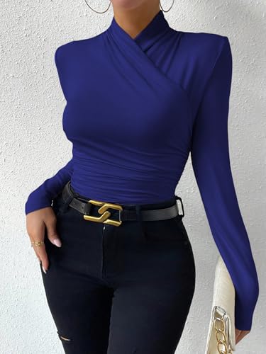 Image of SweatyRocks Women's Ruched Mock Neck Long Sleeve T Shirt Solid Slim Fitted Tee Tops