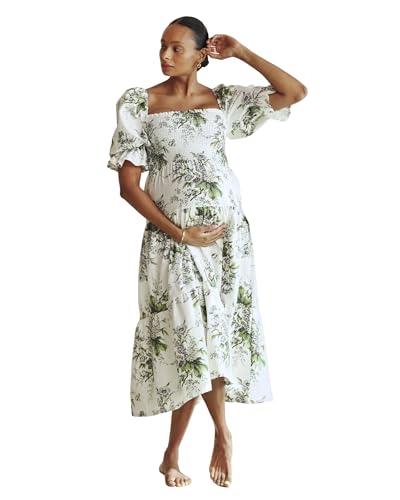 Women's Cotton Linen Kiko Maternity Dress, Smocked Floral Maxi Gown for  Baby Shower & Photoshoot, Elegant Off Shoulder Dress with Short Puff Sleeve  for Pregnancy, Weddings & Events, IRIS, S at Amazon