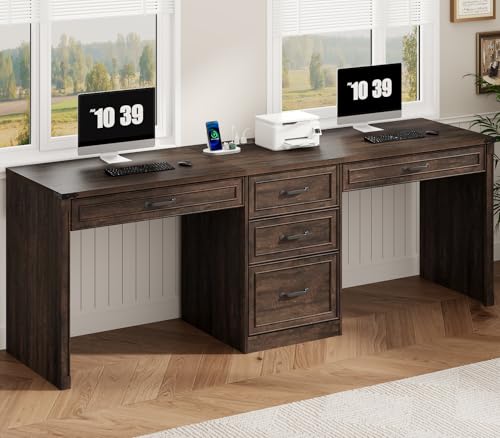 St.Mandyu Two Person Desk with 5 Large Drawers and Power Outlet,Double Desk for 2 People 81' Computer Desk with Storage Farmhouse Home Office Desk with File Drawer Home,Office Use Brown