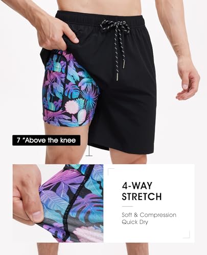 Image of Gleeease 7inch Mens Swim Trunks 2 in 1 with Compression Liner Pockets Drawstring Quick Dry Stretch Lined Funny Beach Pool