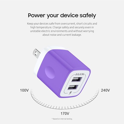 2Pcs USB Wall Charger, AILKIN USB Plug Home Travel Power AC Adapter Charging Block for iPhone, Google Pixel, Samsung Galaxy, HTC, LG, Motorola Cell Phone Quick Charge Base USBA Adaptive HandSet Cube - Thumbnail 4
