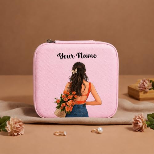 Image of PRIMIT Personalized Jewelry Box with Name & Birth Flower - Custom Travel Jewelry Organizer Case - Bridesmaid, Birthday, Christmas Gift for Women & Girls (Rustic Bloom)