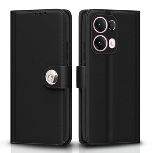Image of Pikkme Flip Cover Leather Finish | Inside TPU with Card Pockets | Wallet Stand and Shock Proof | Complete Protection Button Flip Case for Oppo Reno 13 Pro 5G(Black)