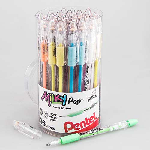 Pentel Milky POP Beauty Beauty Beauty Pastel Gel Pens, (0.8mm) Med. Lines, Assorted Ink (F/G/K/P/S/V/W) 36-PK Canister (K98PC36M)
