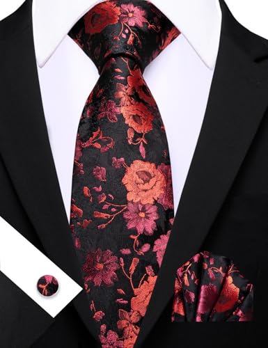 Image of Barry.Wang Flower Ties for Men Handkerchief Cufflinks Set Wedding Necktie Set Party